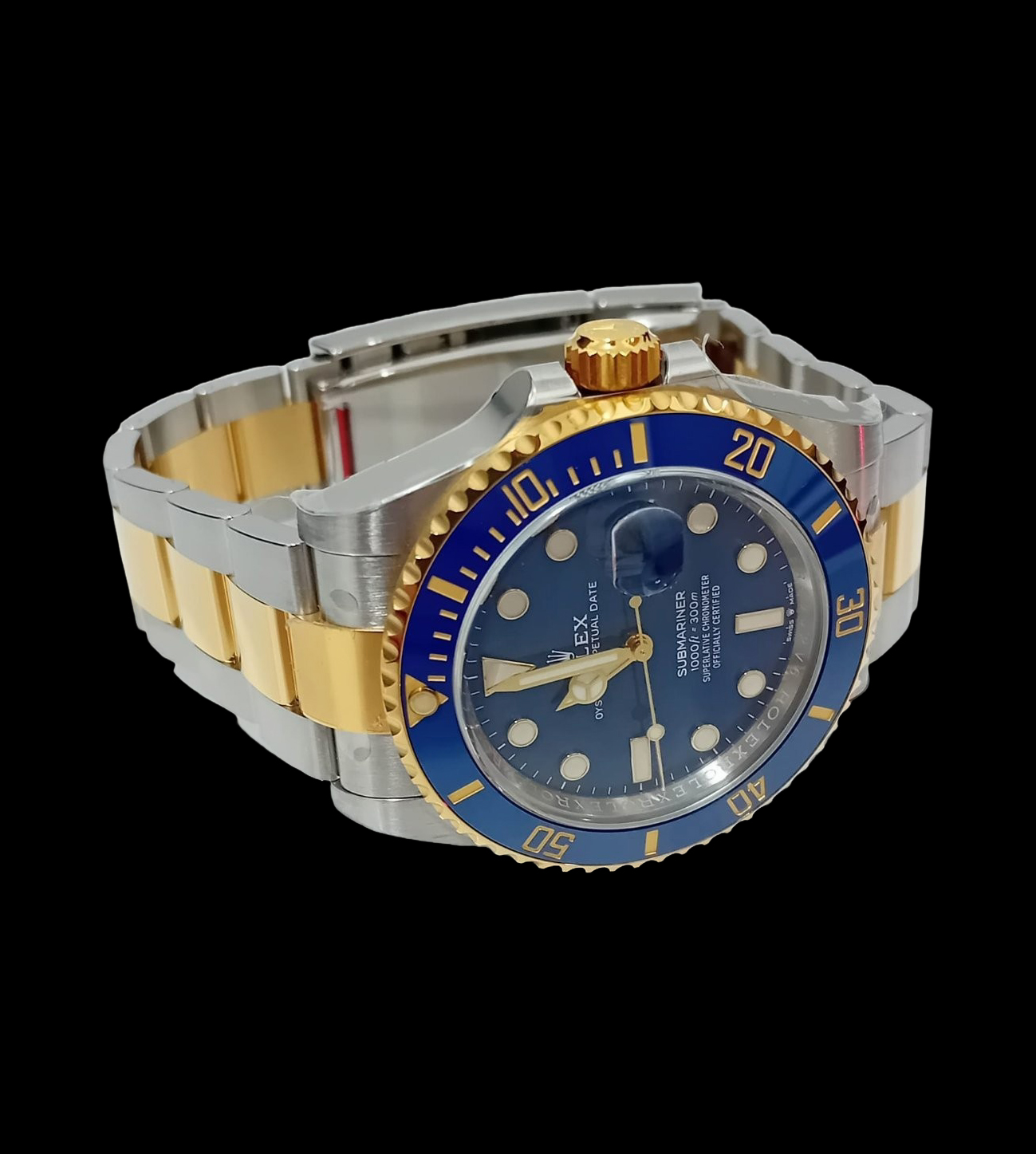Rolex Réplica Submariner gold 18K Bicolor 41 2 Rolex Submariner réplica bicolor acero y oro con esfera azul vista frontal
