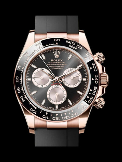 Rolex replica Gold Rose con esfera negra y bisel cerámico vista frontal