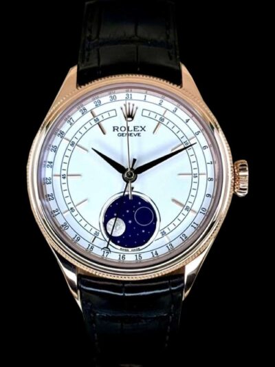 rolex cellini moonphase réplica esfera blanca fase lunar vista frontal