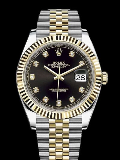 rolex datejust diamonds bicolor replica esfera negra jubilee vista frontal