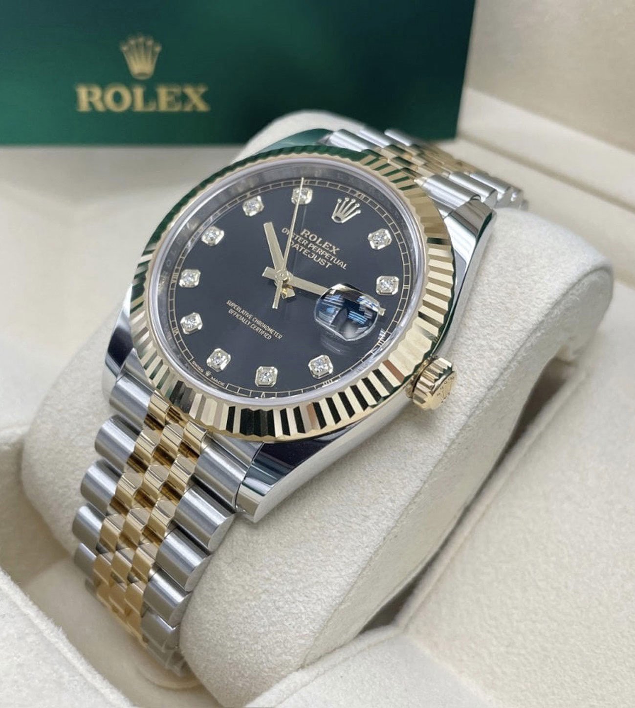 Rolex Réplica Date Just Diamonds/Bicolor 4 caja oyster rolex datejust bicolor diamonds replica vista lateral