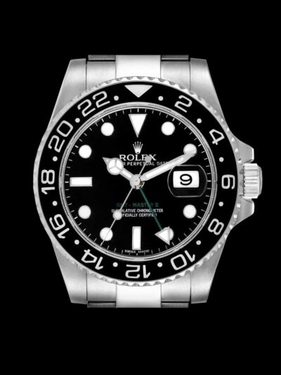 rolex gmt master ii steel black replica bisel cerachrom negro esfera negra aguja Chromalight vista frontal