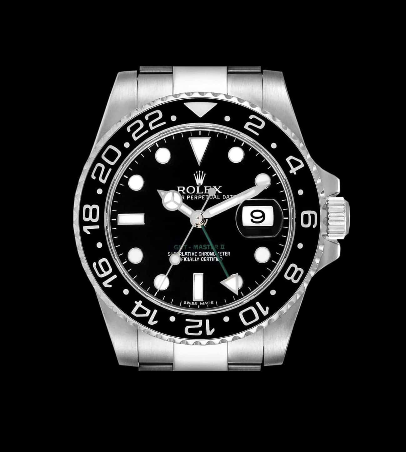 Rolex Réplica GMT Master II Steel Black 40 1 rolex gmt master ii steel black replica bisel cerachrom negro esfera negra aguja Chromalight vista frontal