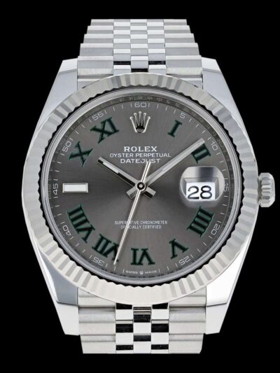 rolex wimbledon réplica esfera gris romanos verdes vista frontal