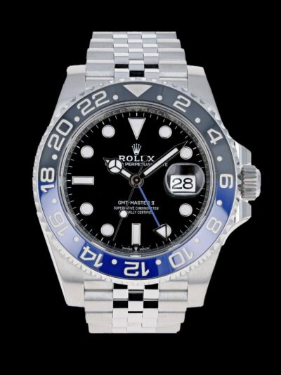 rolex gmt master ii batman replica bisel azul negro brazalete jubilee acero 904L vista frontal