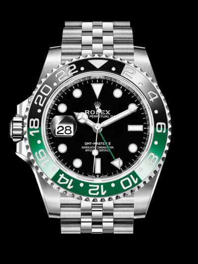 rolex gmt master ii sprite replica bisel verde negro corona izquierda brazalete jubilee acero 904L vista frontal