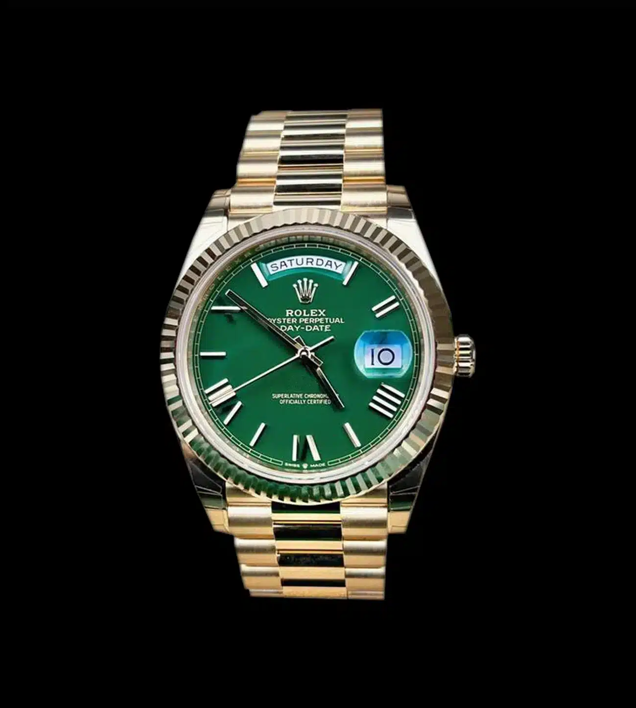 Rolex Réplica Day-Date President Gold 18k 5 Rolex replica Day-Date gold esfera verde numeros romanos