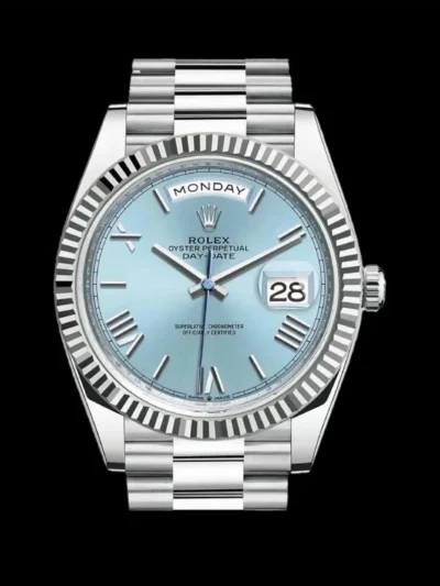 Rolex replica Day-Date ice blue platinum vista frontal esfera azul
