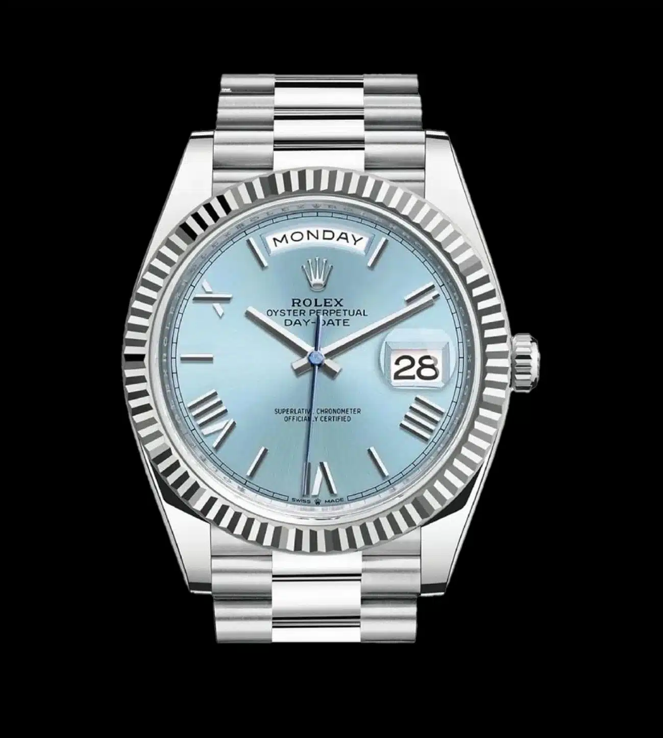 Rolex Réplica Day-Date Ice blue Platinum 1 Rolex replica Day-Date ice blue platinum vista frontal esfera azul