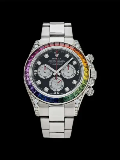 Reloj réplica daytona rainbow con piedras multicolor y esfera negra