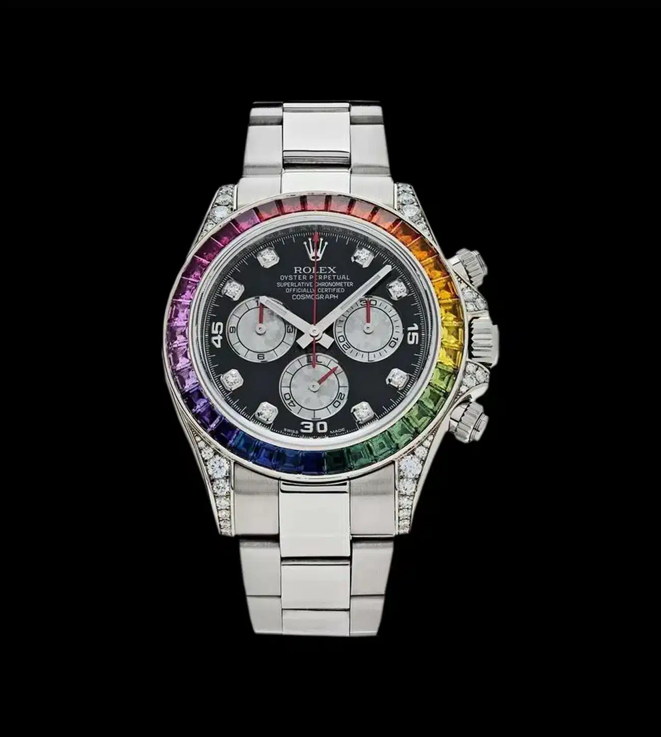 Rolex Replica Daytona Cosmograph Rainbow 1 Reloj réplica daytona rainbow con piedras multicolor y esfera negra