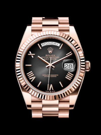 rolex day date oro rose replica esfera negra romanos frontal