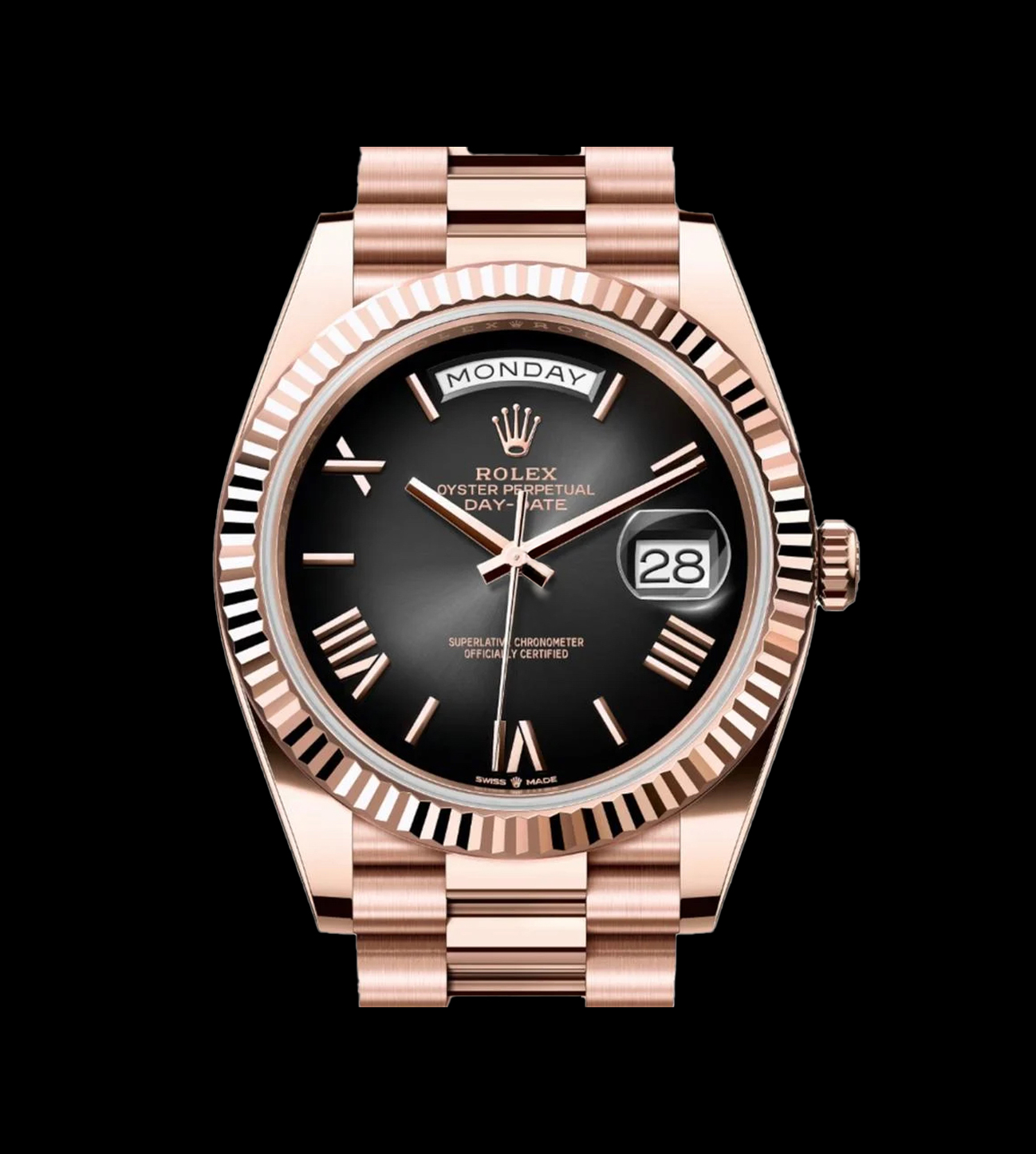 Rolex Réplica Day-Date Oro rose 18K 1 rolex day date oro rose replica esfera negra romanos frontal