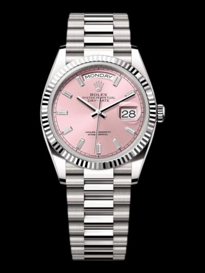 rolex replica day date rosa 36mm esfera rosa cristal zafiro vista frontal