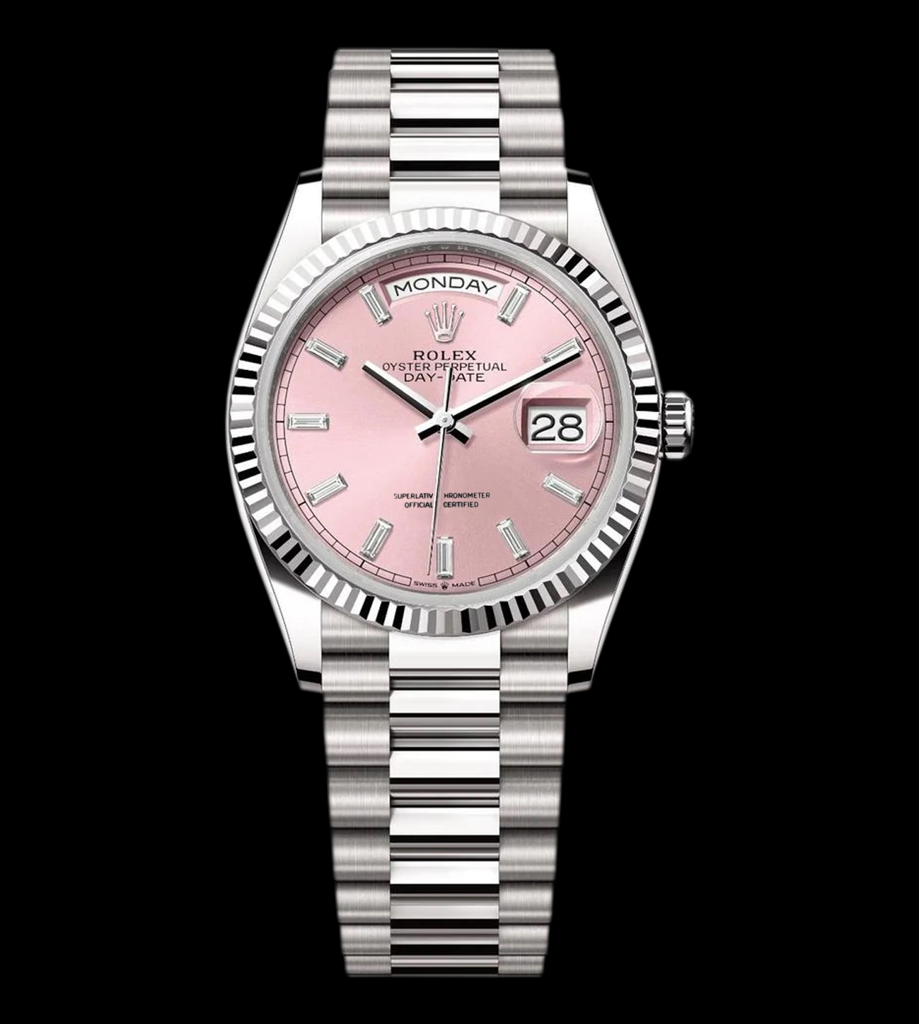 Rolex Réplica Day-Date Rosa Steel 36mm 1 rolex replica day date rosa 36mm esfera rosa cristal zafiro vista frontal