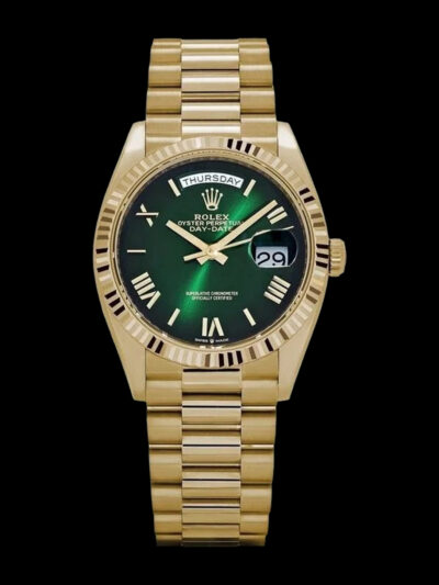 Rolex Day-Date réplica oro amarillo 36 mm esfera verde vista frontal