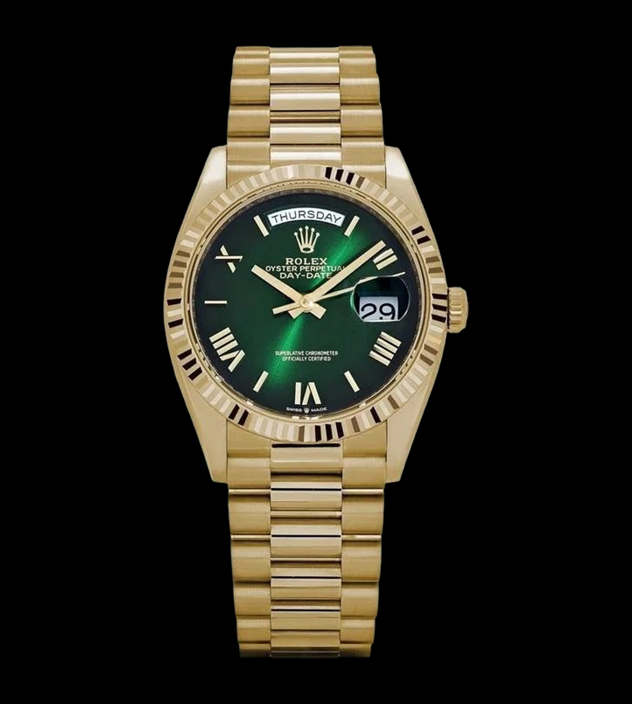 Rolex Réplica Day-Date Oro Amarillo Esfera verde 1 Rolex Day-Date réplica oro amarillo 36 mm esfera verde vista frontal