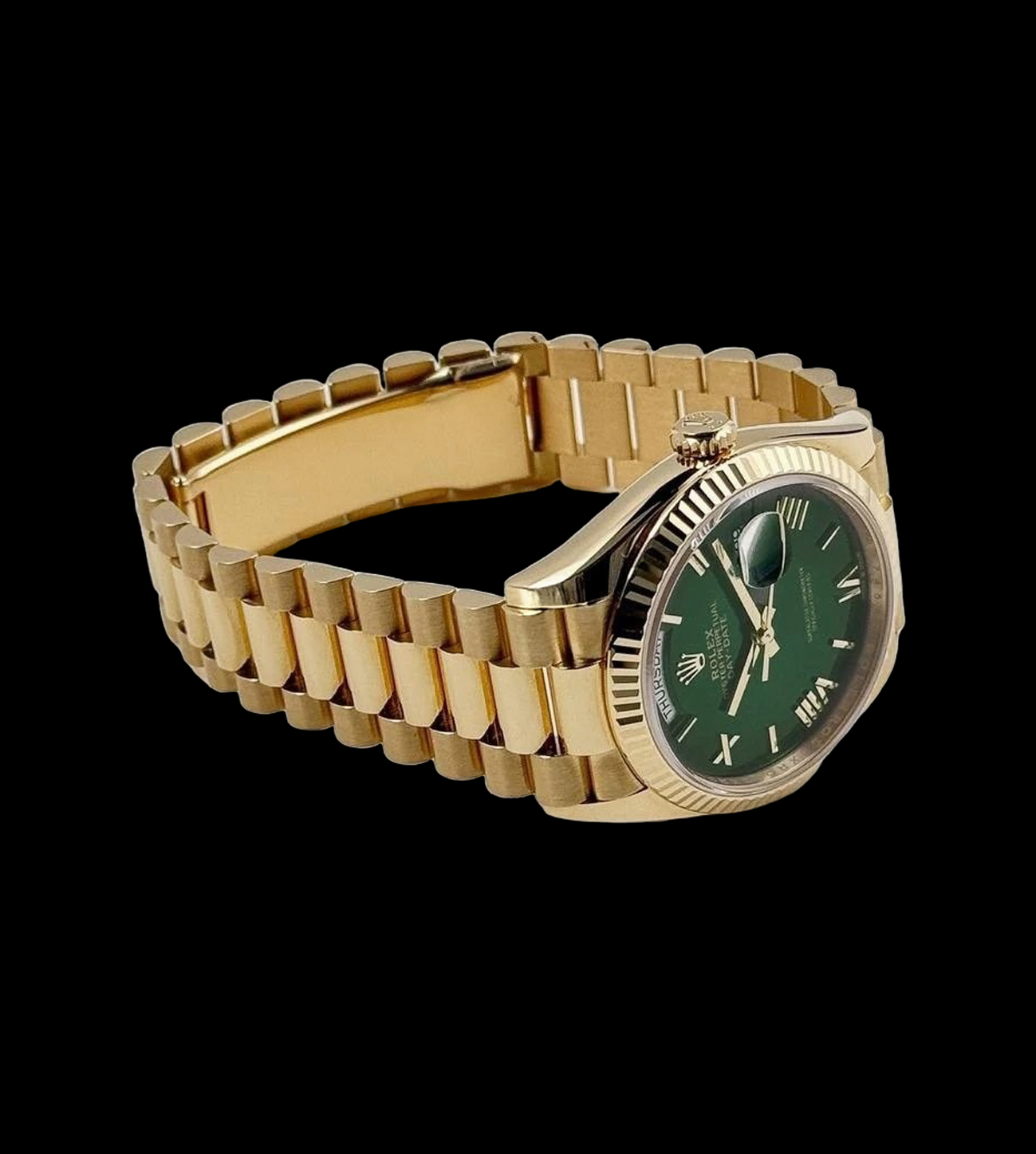 Rolex Réplica Day-Date Oro Amarillo Esfera verde 3 Rolex Day-Date réplica oro amarillo esfera verde vista lateral